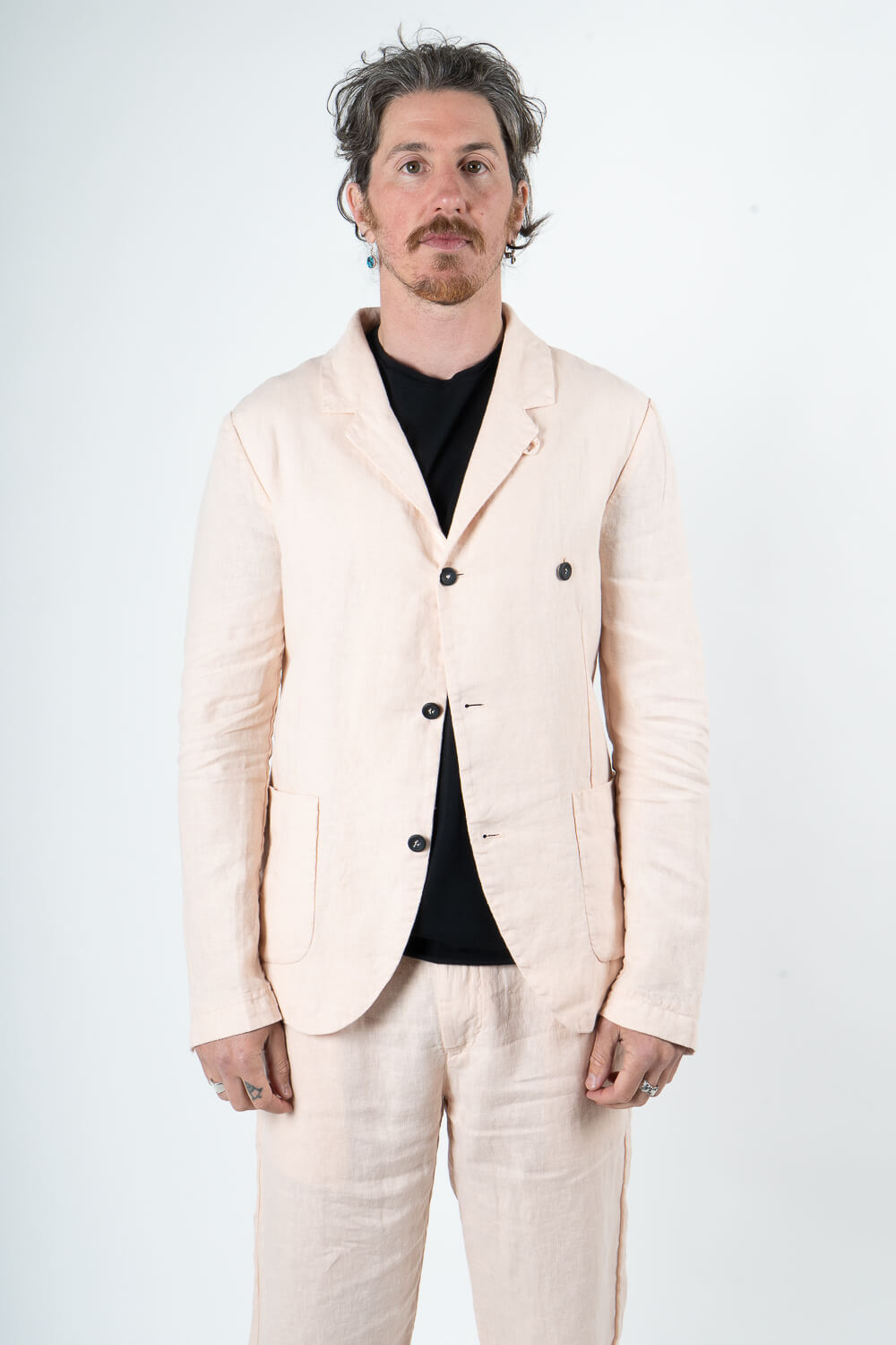Mandarin Collar Front Pocket Linen Blazer Pink