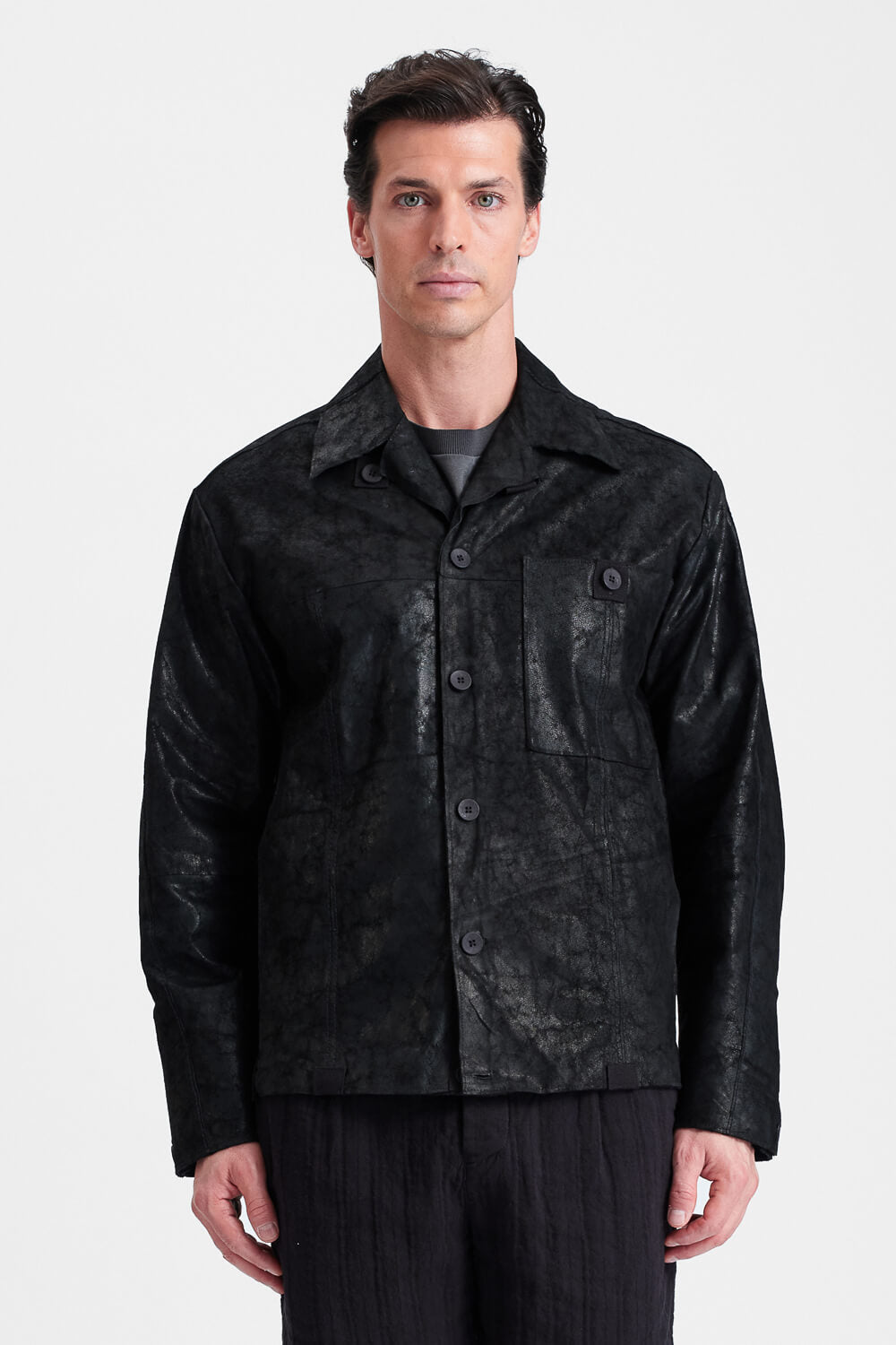 Marbled Lambskin Overshirt W/ Boiled Wool Interior Black