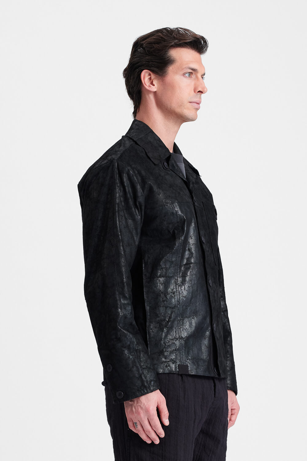 Marbled Lambskin Overshirt W/ Boiled Wool Interior Black