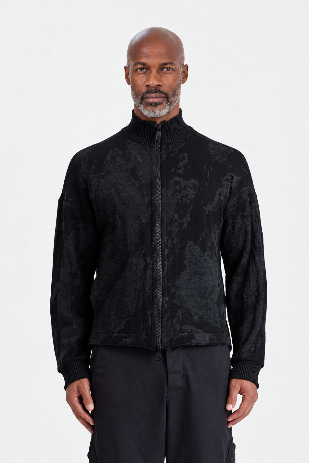 Relaxed-Fit Wool/Viscose Jacquard Zip-Up Jacket Black