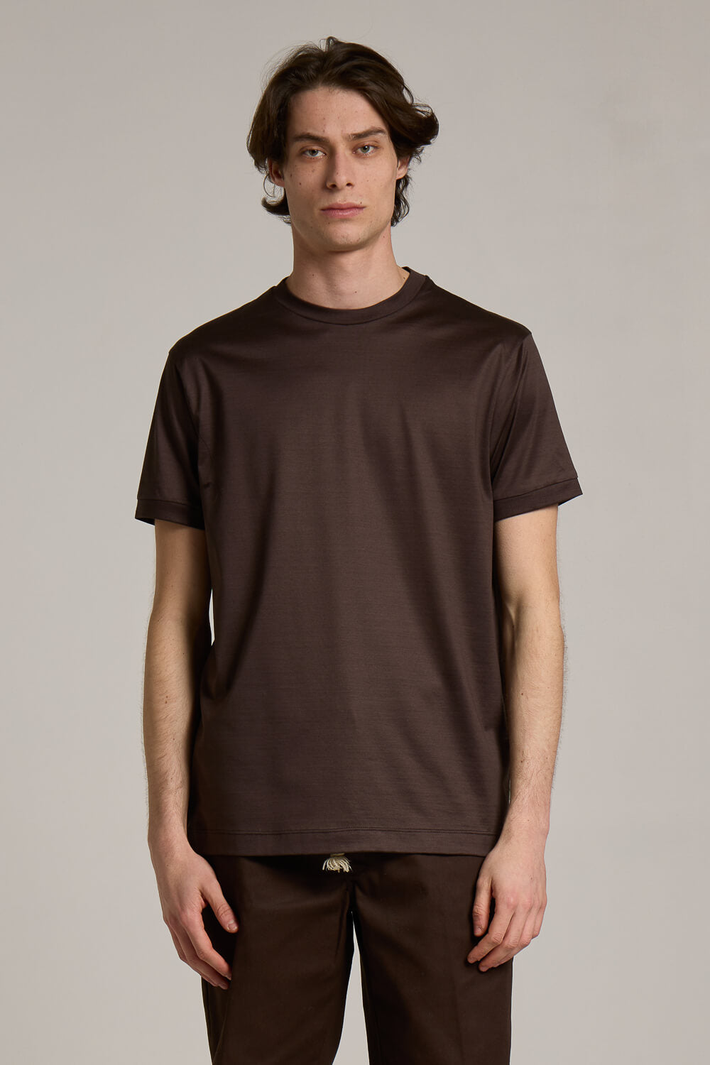 Mercerised Italian Cotton Round Neck T-Shirt Dark Brown