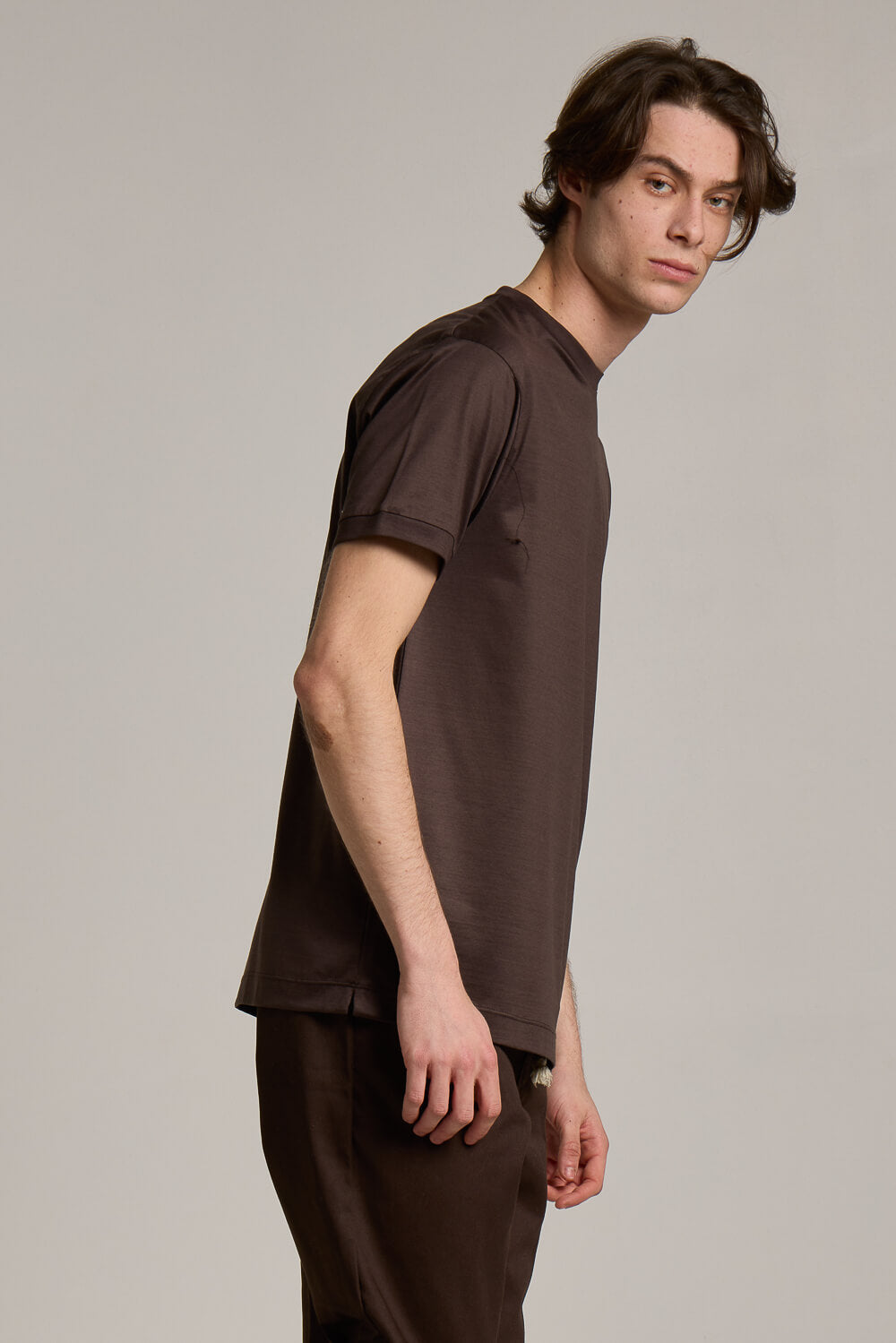 Mercerised Italian Cotton Round Neck T-Shirt Dark Brown