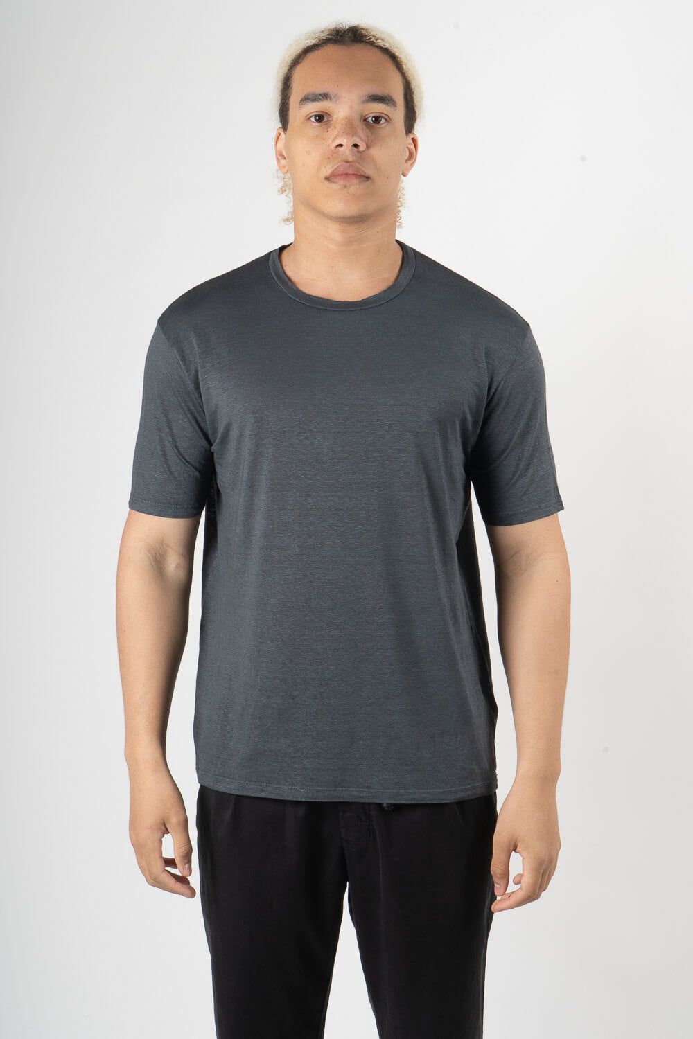 Mercerised Italian Linen Round Neck T-Shirt Dark Blue