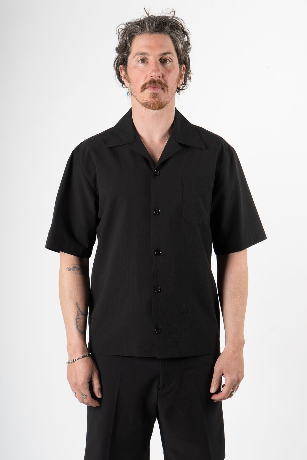 Micky Seersucker Button-Up S/S Shirt Black