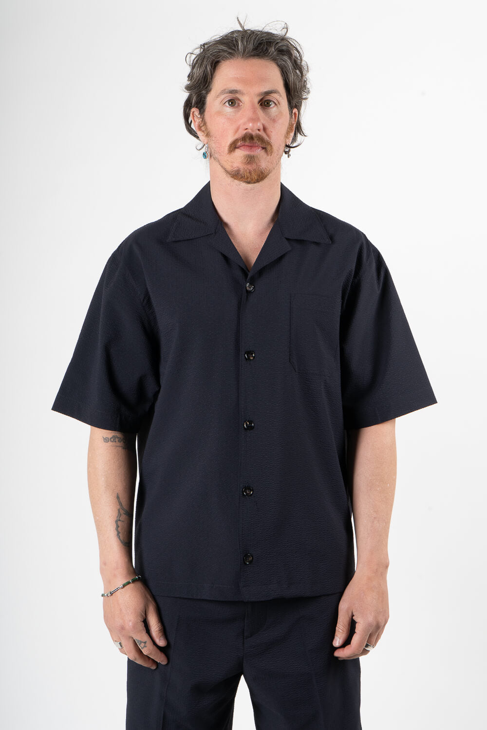 Micky Seersucker Button-Up S/S Shirt Navy Blue