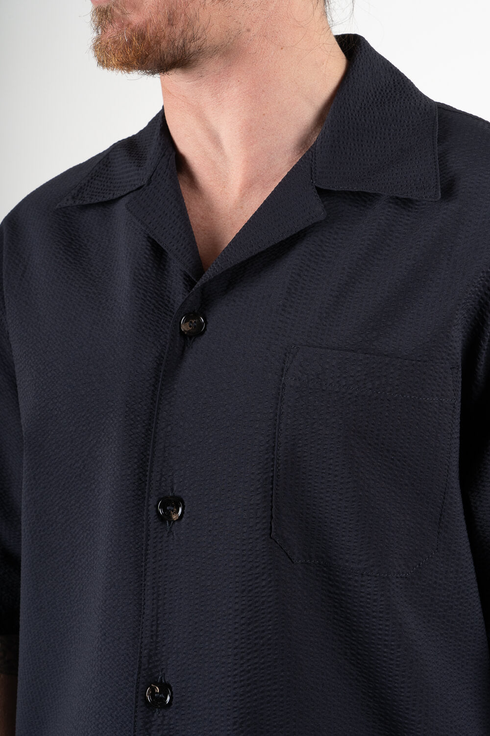 Micky Seersucker Button-Up S/S Shirt Navy Blue