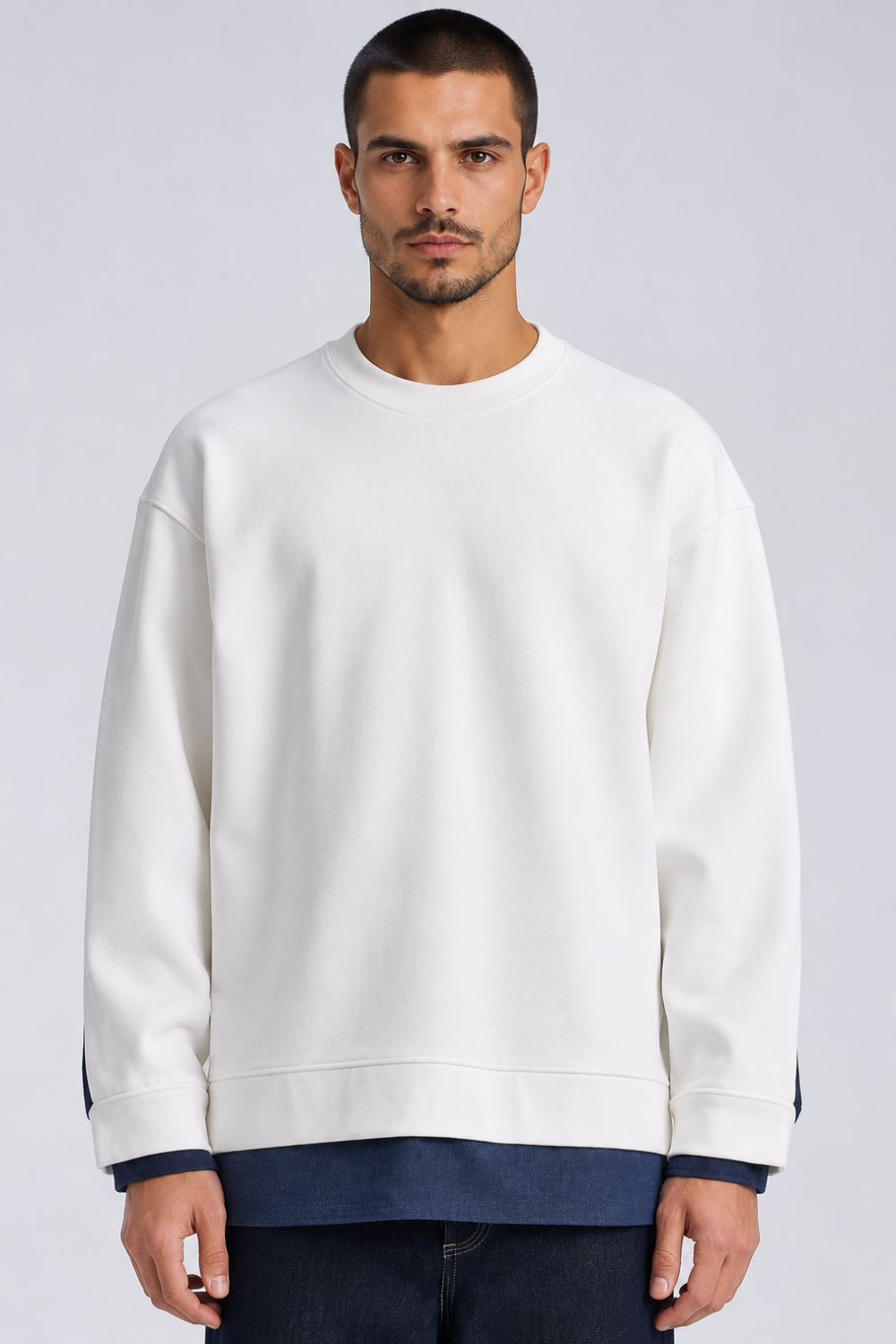 Layered Crew Neck Sweatshirt W/ Contrast Denim Hem White