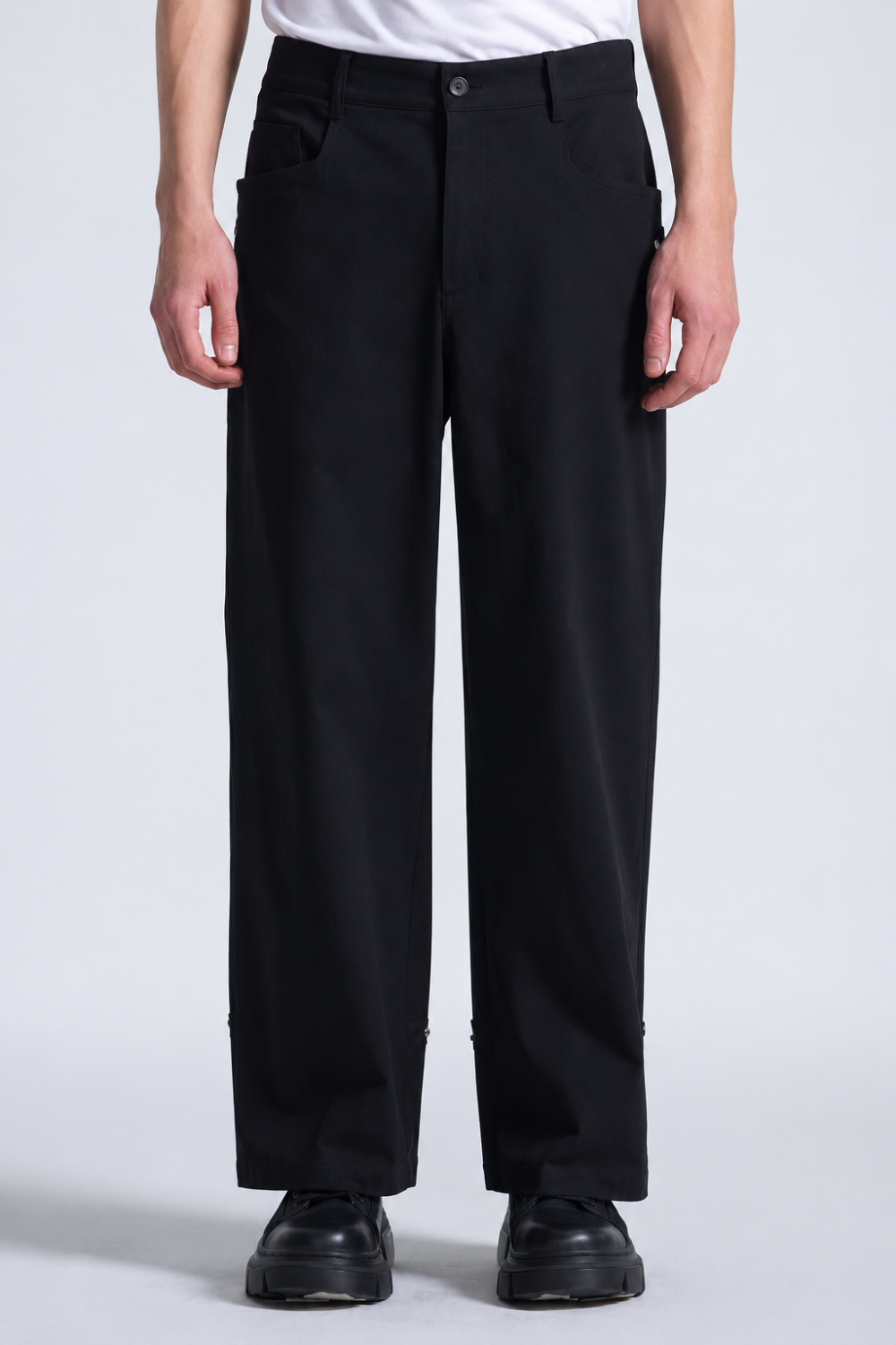 Wide Leg Cotton Trousers W/ Oversized Pockets Black