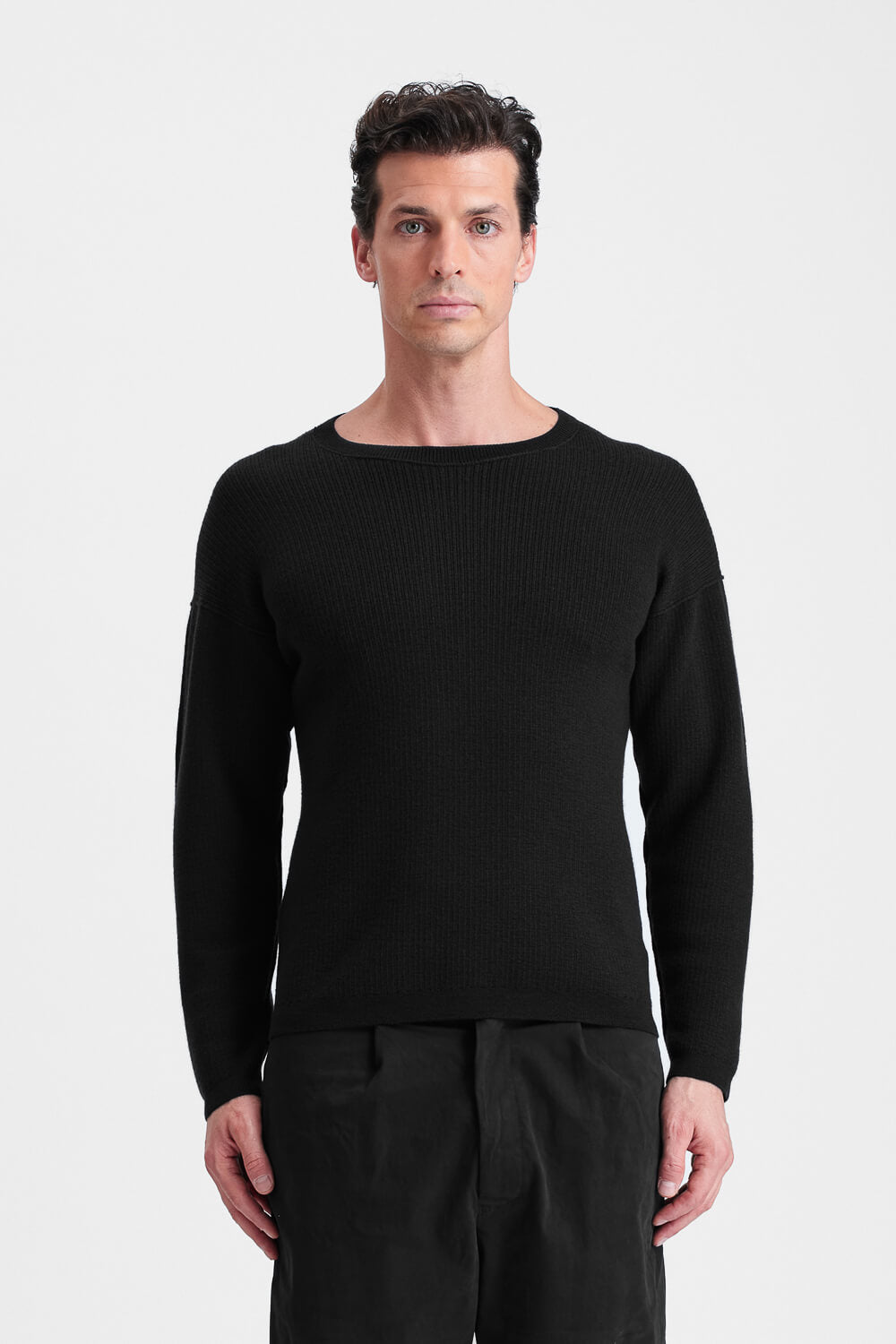 Neck Stitch Detail Ribbed Jumper in Virgin Wool Black