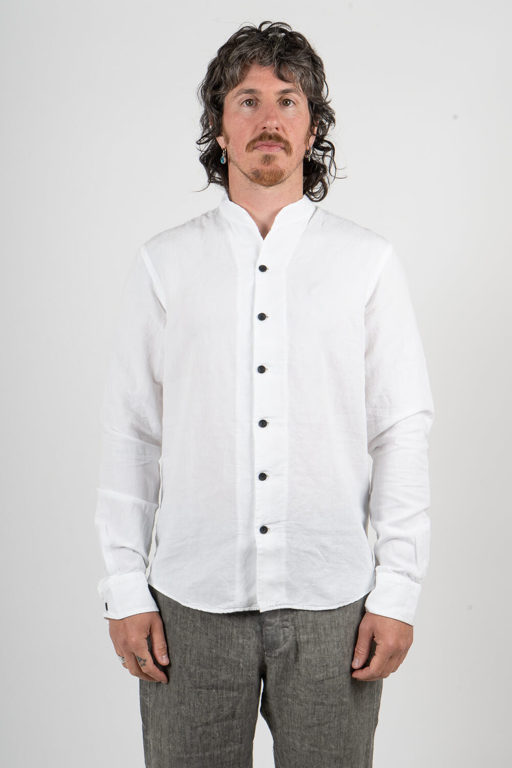 Open Collar Cotton/Linen Blend Shirt White