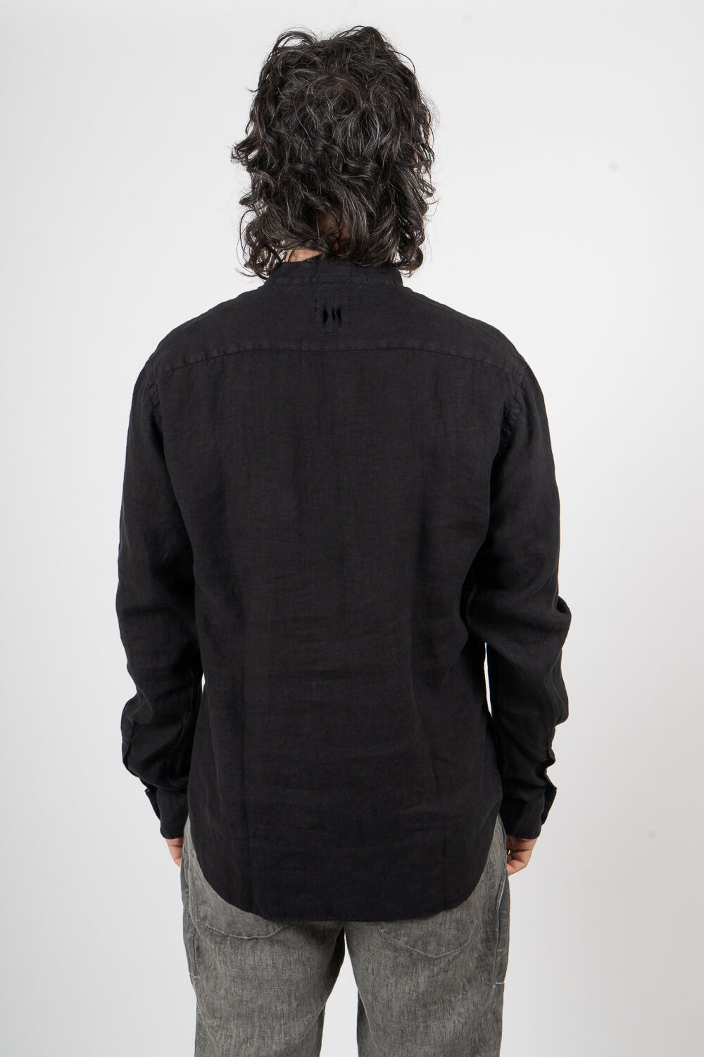 Open Collar Linen Shirt Black