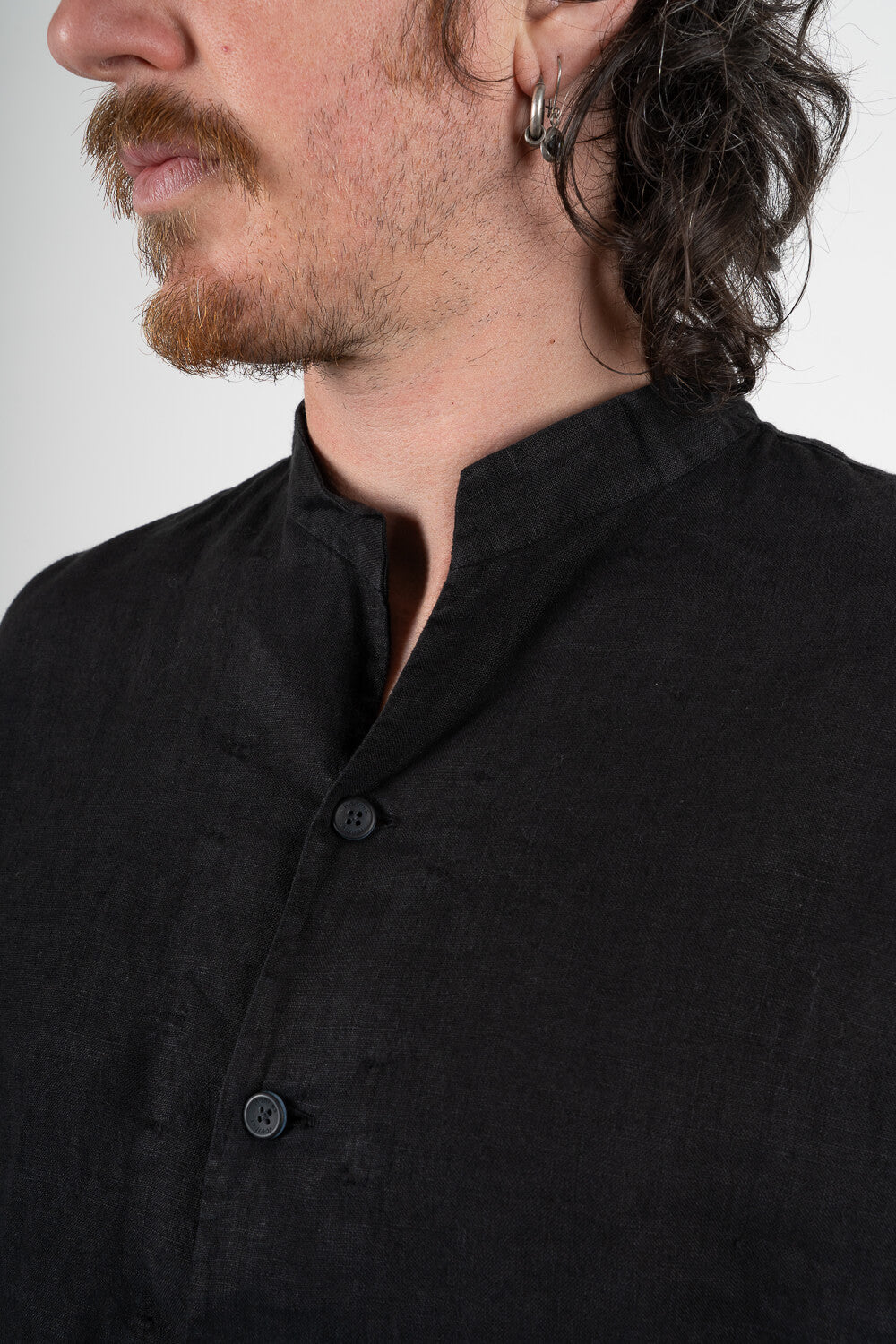 Open Collar Linen Shirt Black