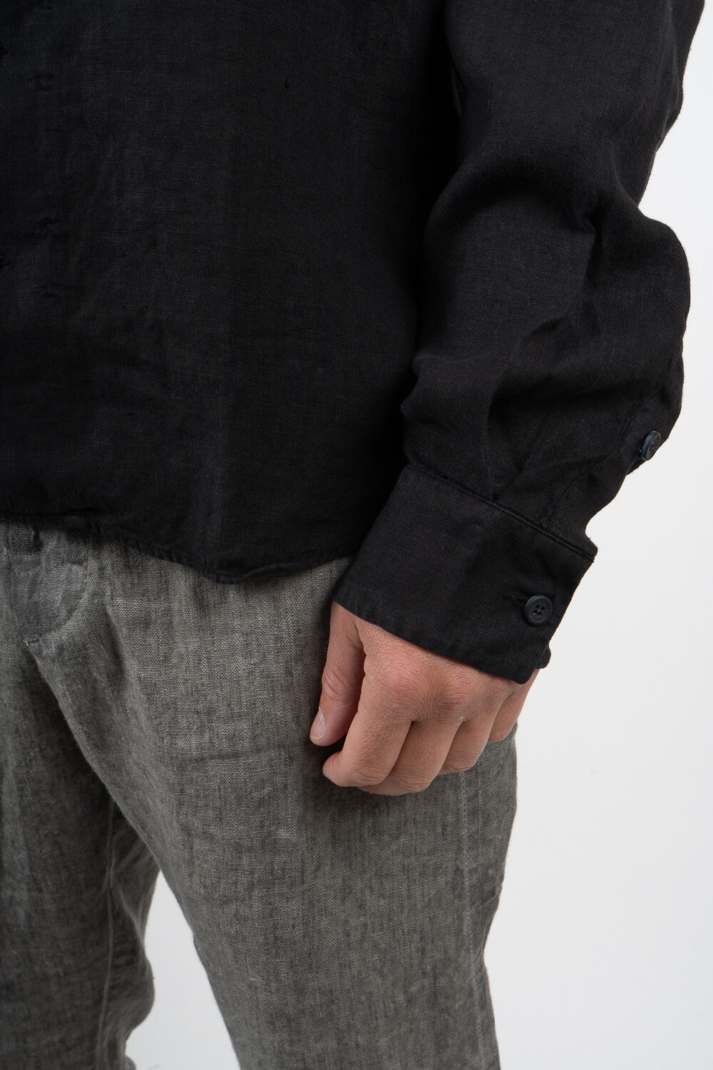 Open Collar Linen Shirt Black