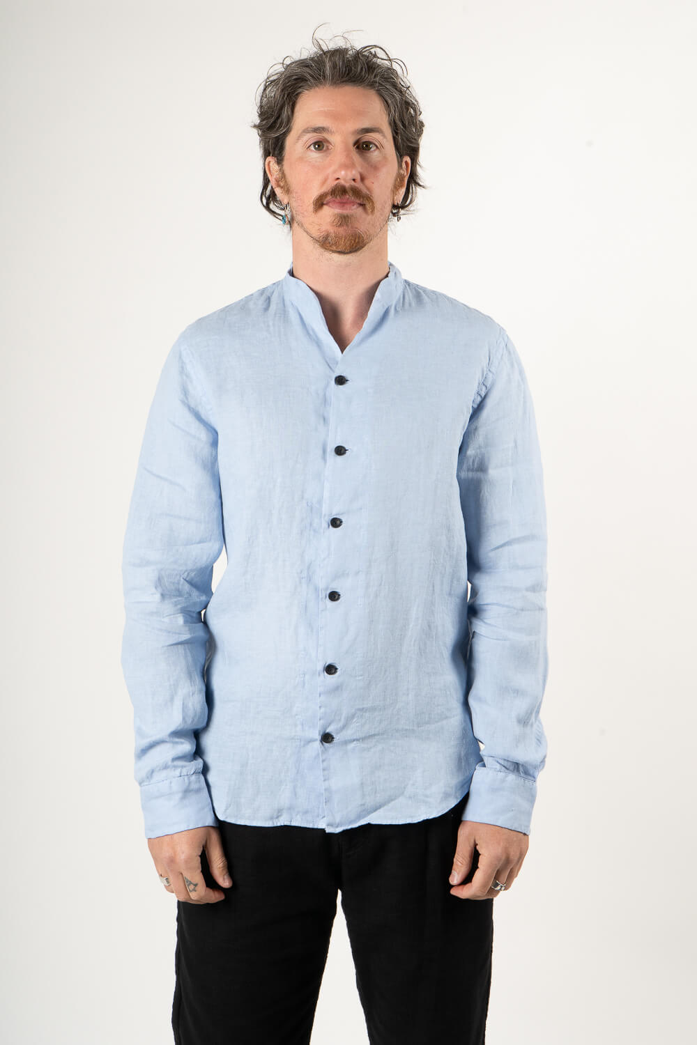 Open Collar Linen Shirt Blue