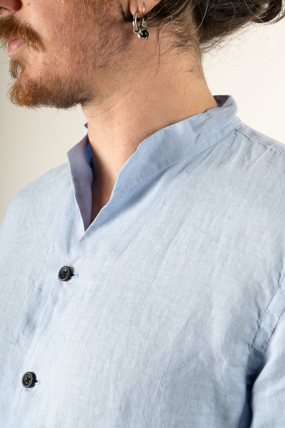 Open Collar Linen Shirt Blue
