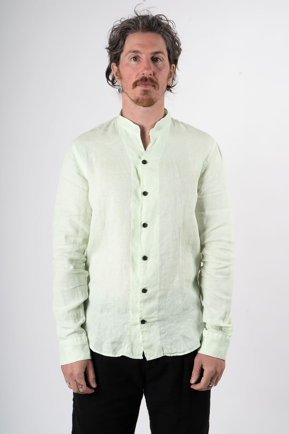 Open Collar Linen Shirt Matcha