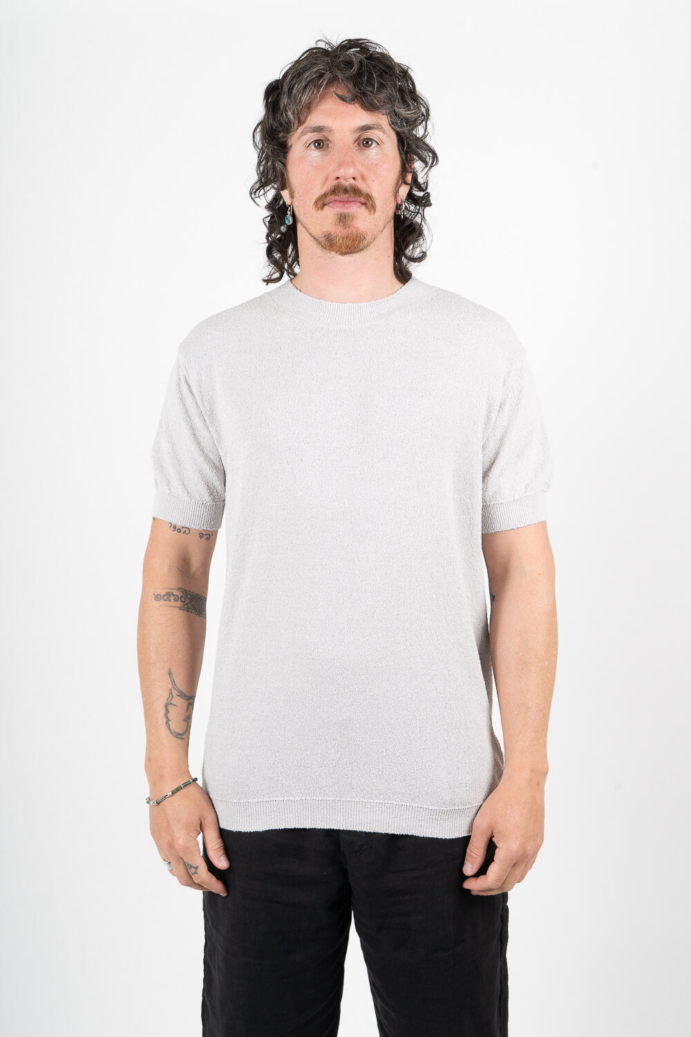Organic Textured Cotton Mock Neck T-Shirt Light Grey