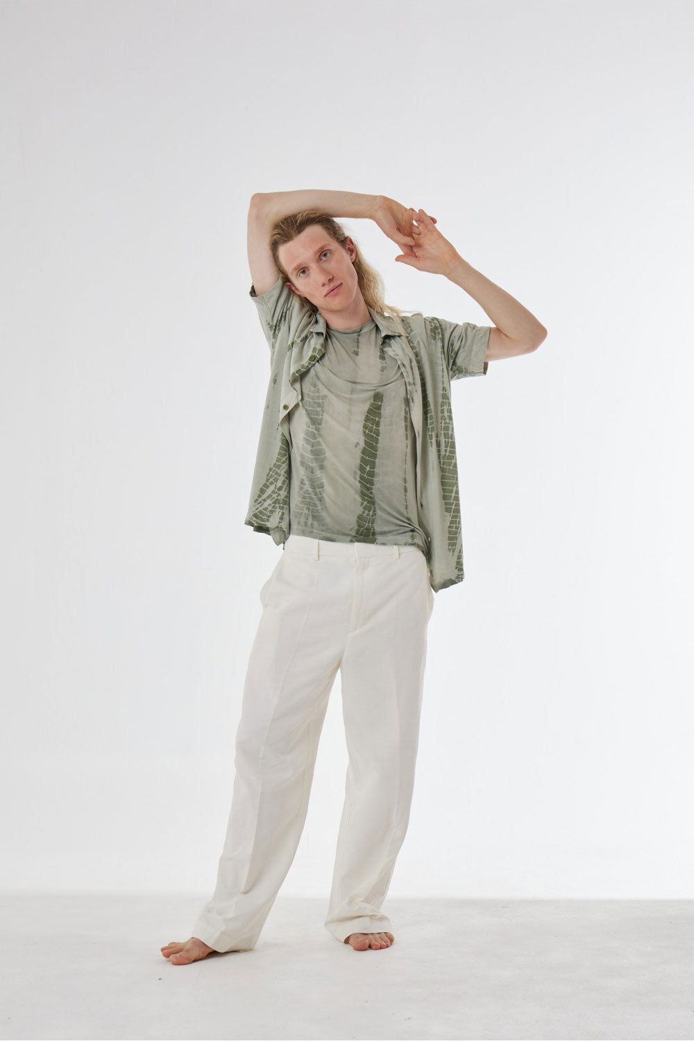 Button-Up Printed Detail Linen Shirt Green