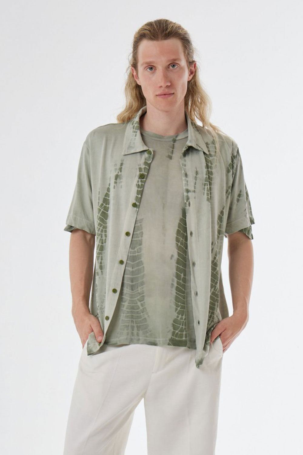 Button-Up Printed Detail Linen Shirt Green