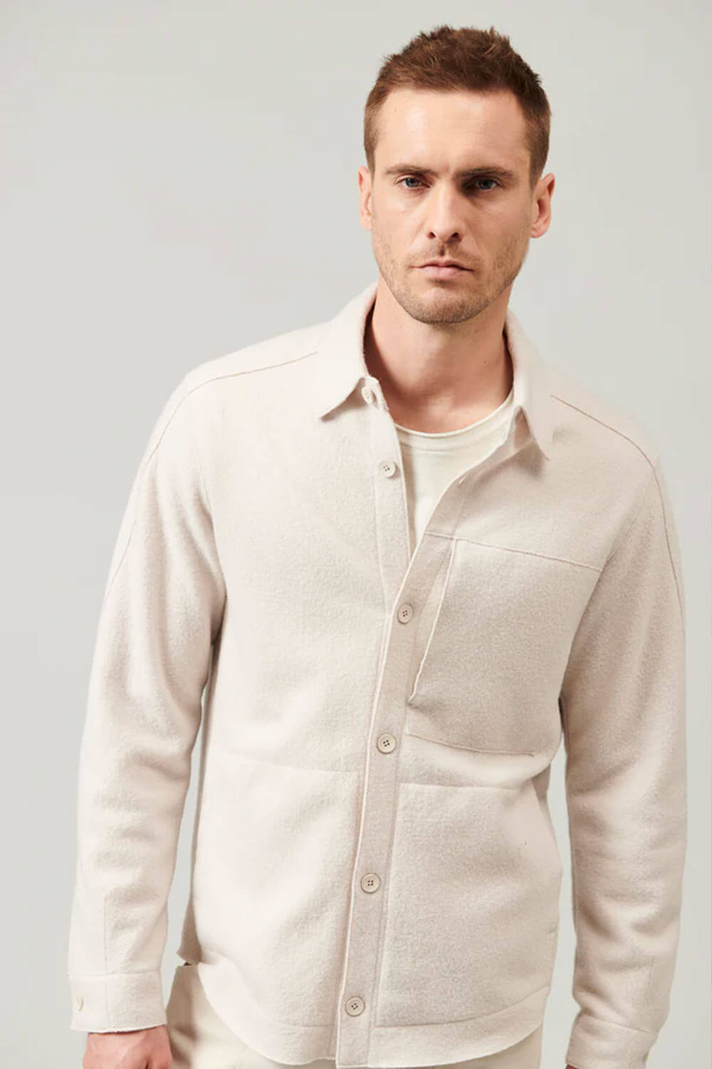 Raw Cut Boiled Wool Button-Up Overshirt Off-White