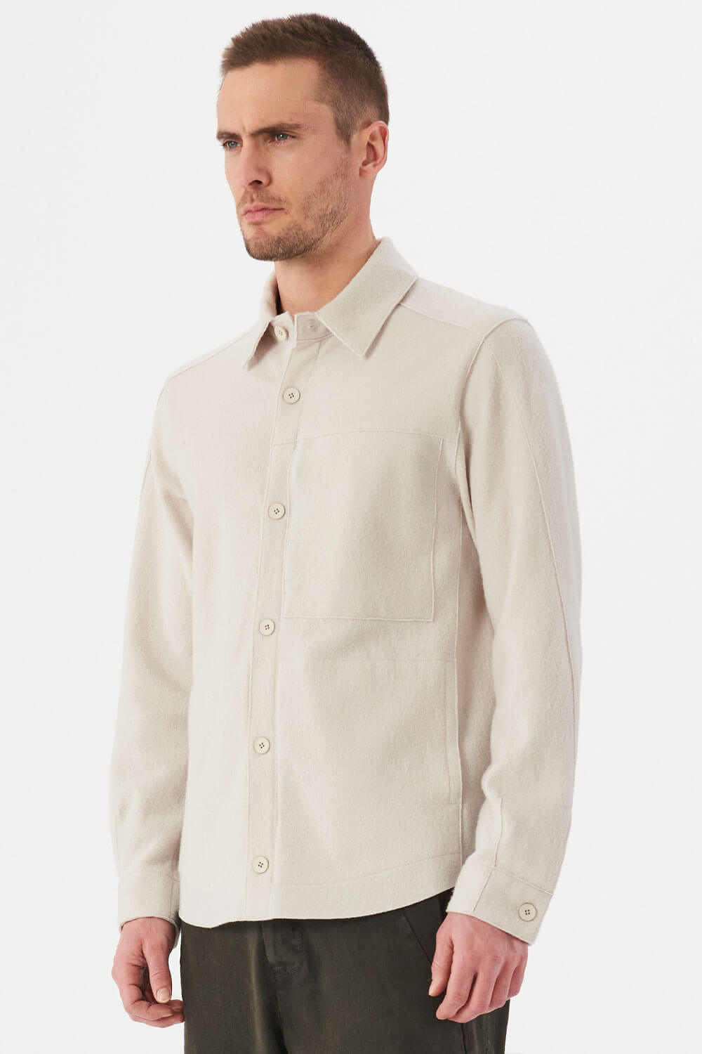 Raw Cut Boiled Wool Button-Up Overshirt Off-White