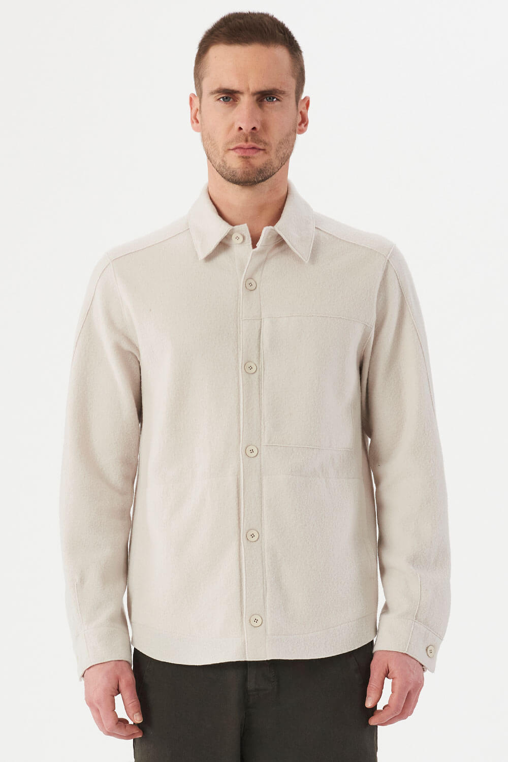 Raw Cut Boiled Wool Button-Up Overshirt Off-White