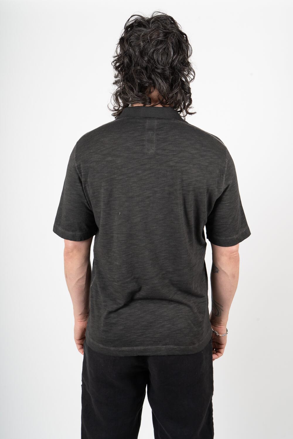 Cotton/Linen Cold-Dye Effect Inserts Polo Charcoal