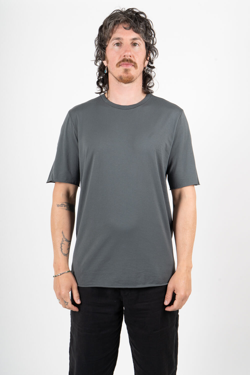 Raw-Cut Hems Cotton Jersey T-Shirt W/ Knitted Inserts Dark Grey