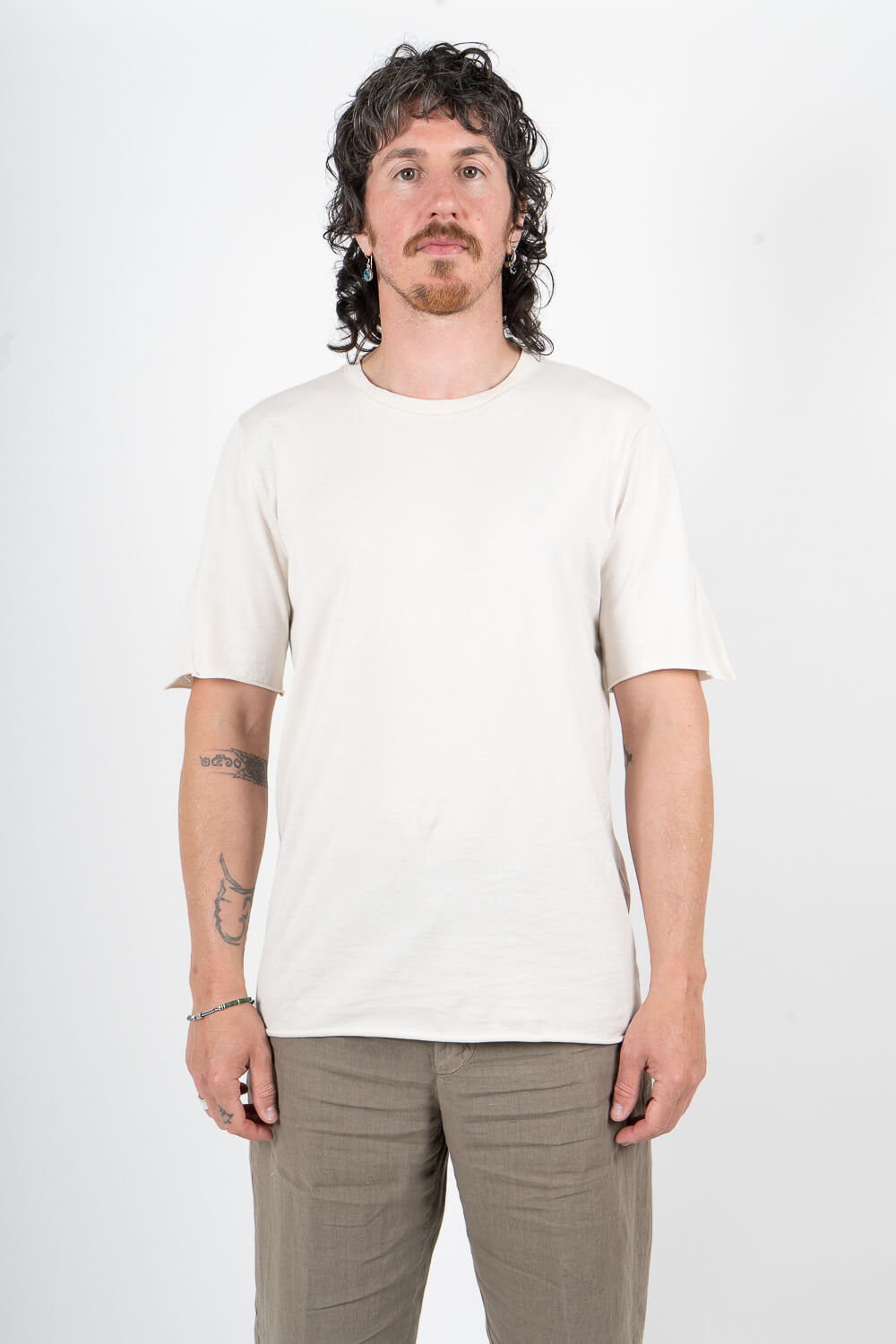 Raw-Cut Hems Cotton Jersey T-Shirt W/ Knitted Inserts Stone