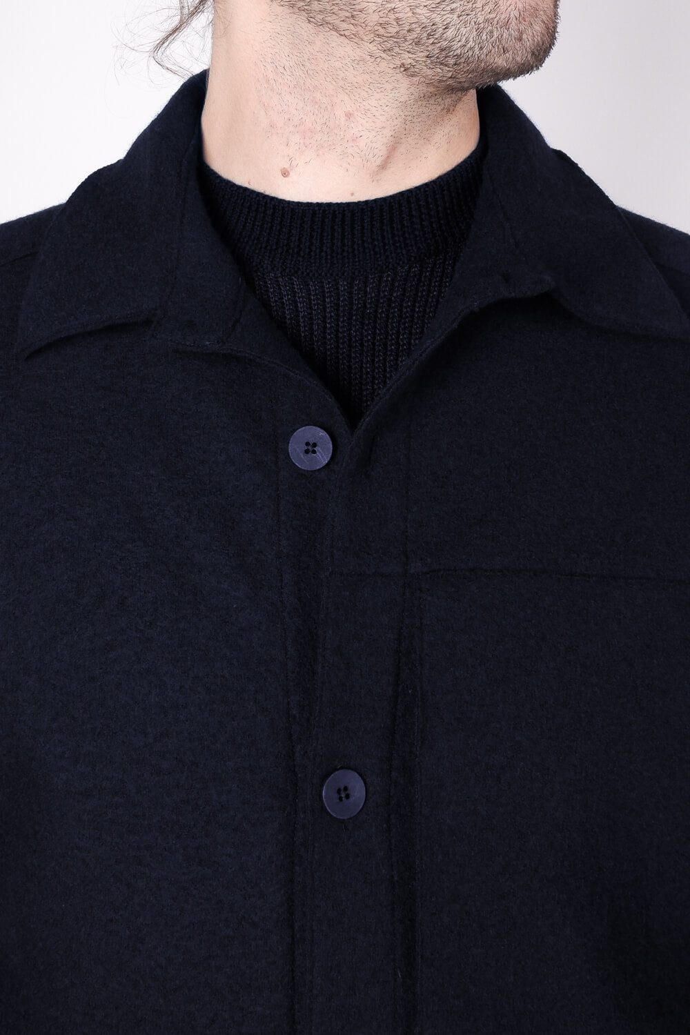 Raw Cut Boiled Wool Regular Overshirt W/ Chest Pocket Detail Dark Navy