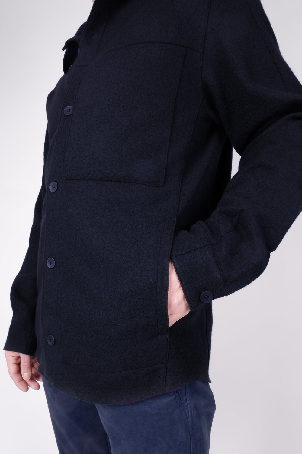 Raw Cut Boiled Wool Regular Overshirt W/ Chest Pocket Detail Dark Navy