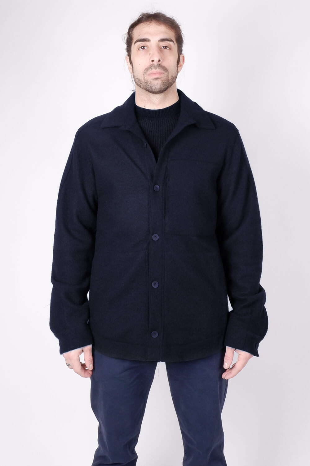 Raw Cut Boiled Wool Regular Overshirt W/ Chest Pocket Detail Dark Navy