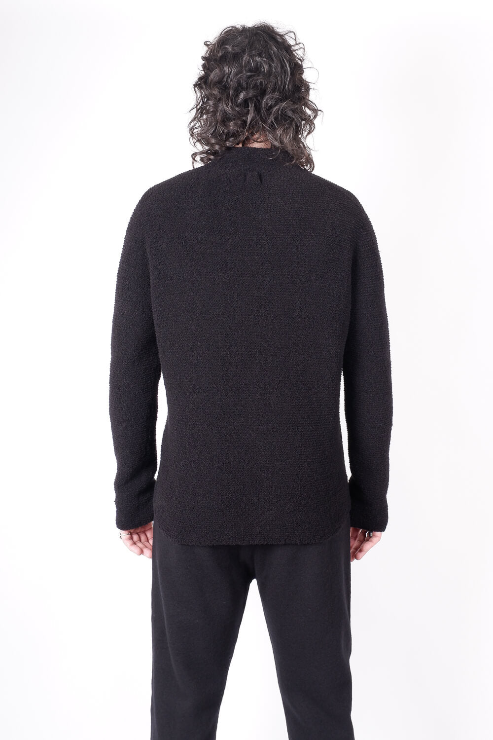 Raw Neck Button-Up Wool Cardigan Black