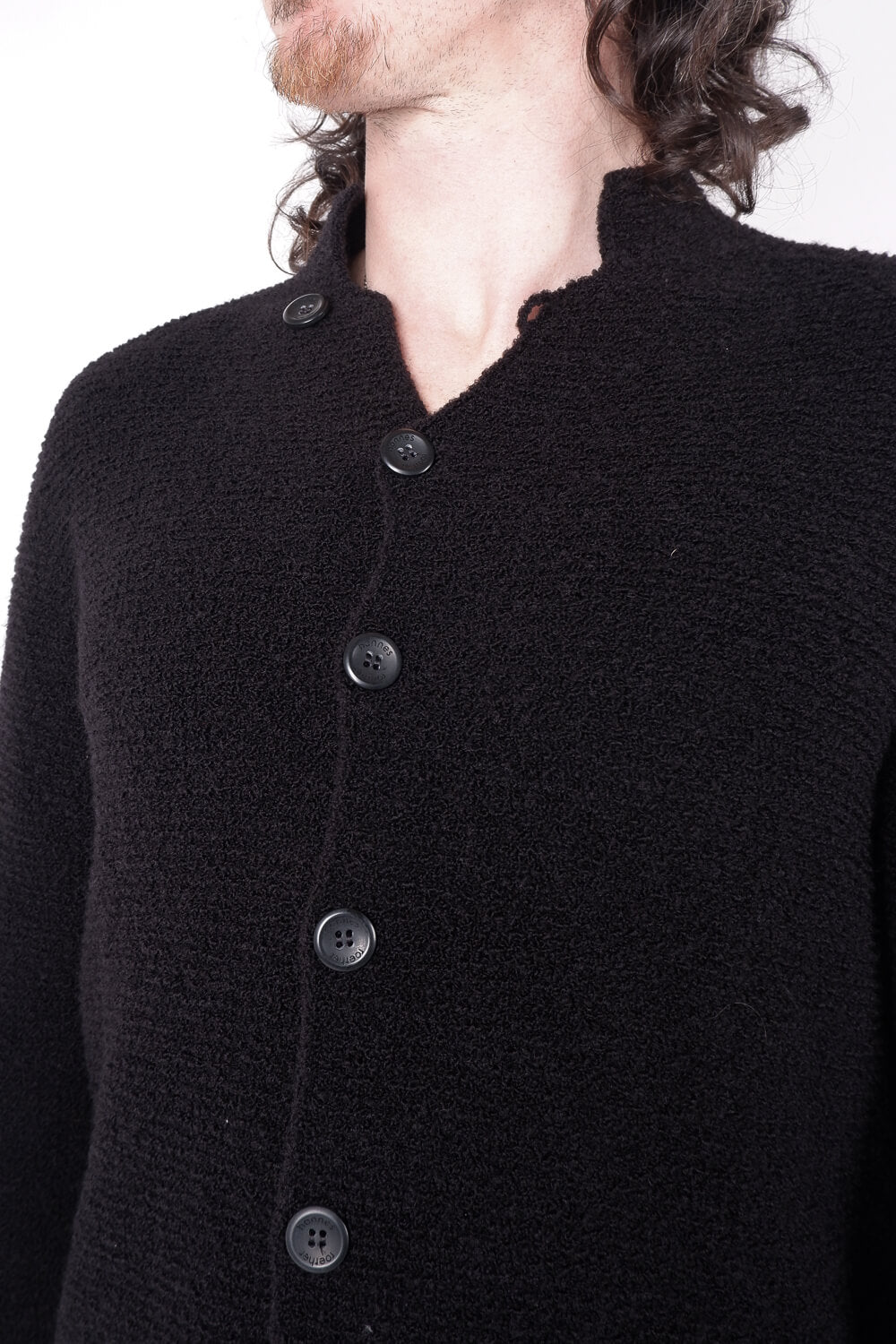 Raw Neck Button-Up Wool Cardigan Black