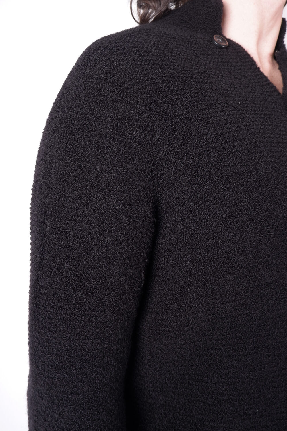 Raw Neck Button-Up Wool Cardigan Black