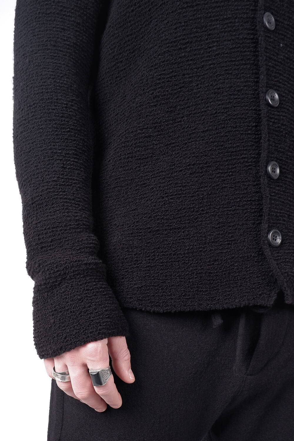 Raw Neck Button-Up Wool Cardigan Black