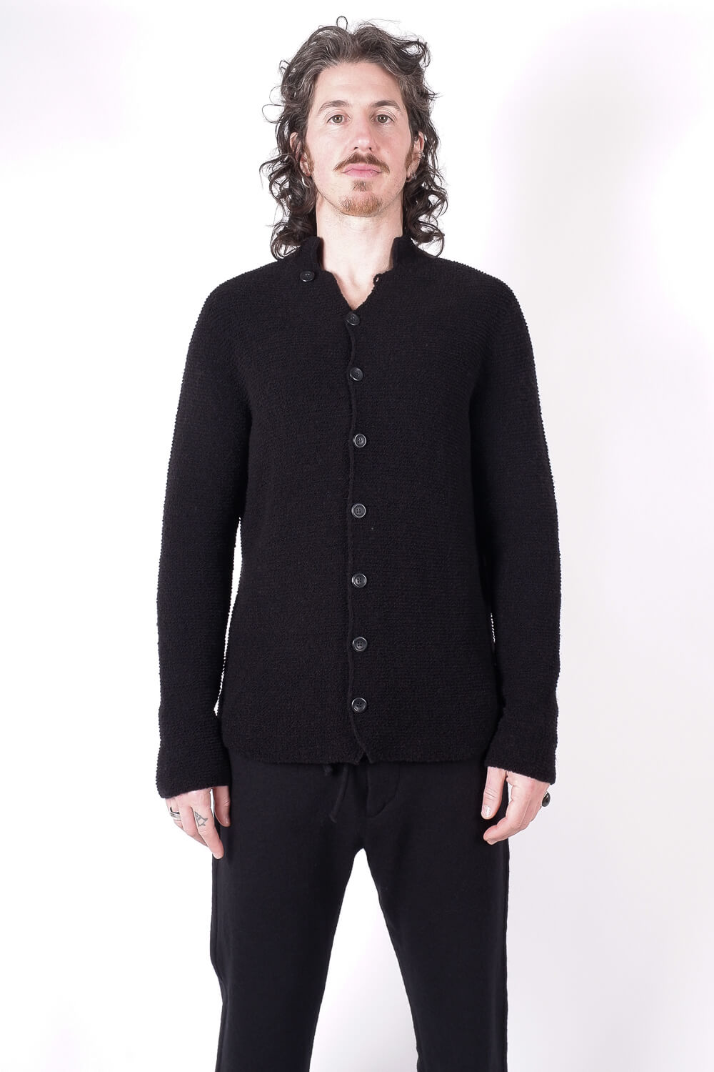 Raw Neck Button-Up Wool Cardigan Black