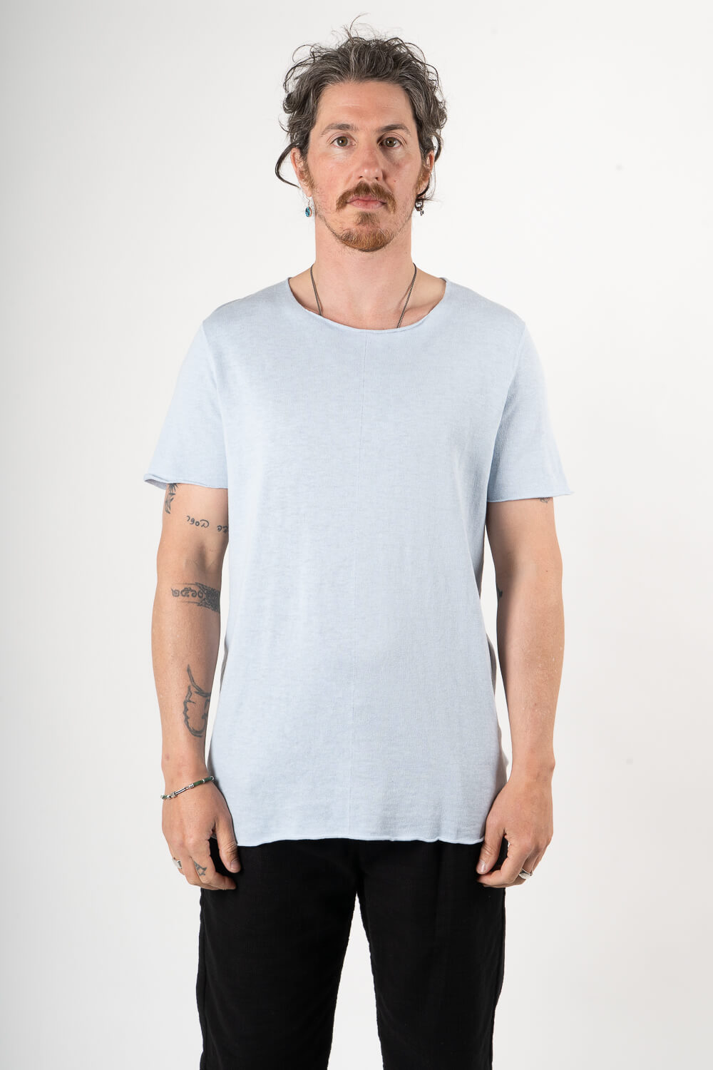 Raw Neck Linen/Cotton T-Shirt Blue
