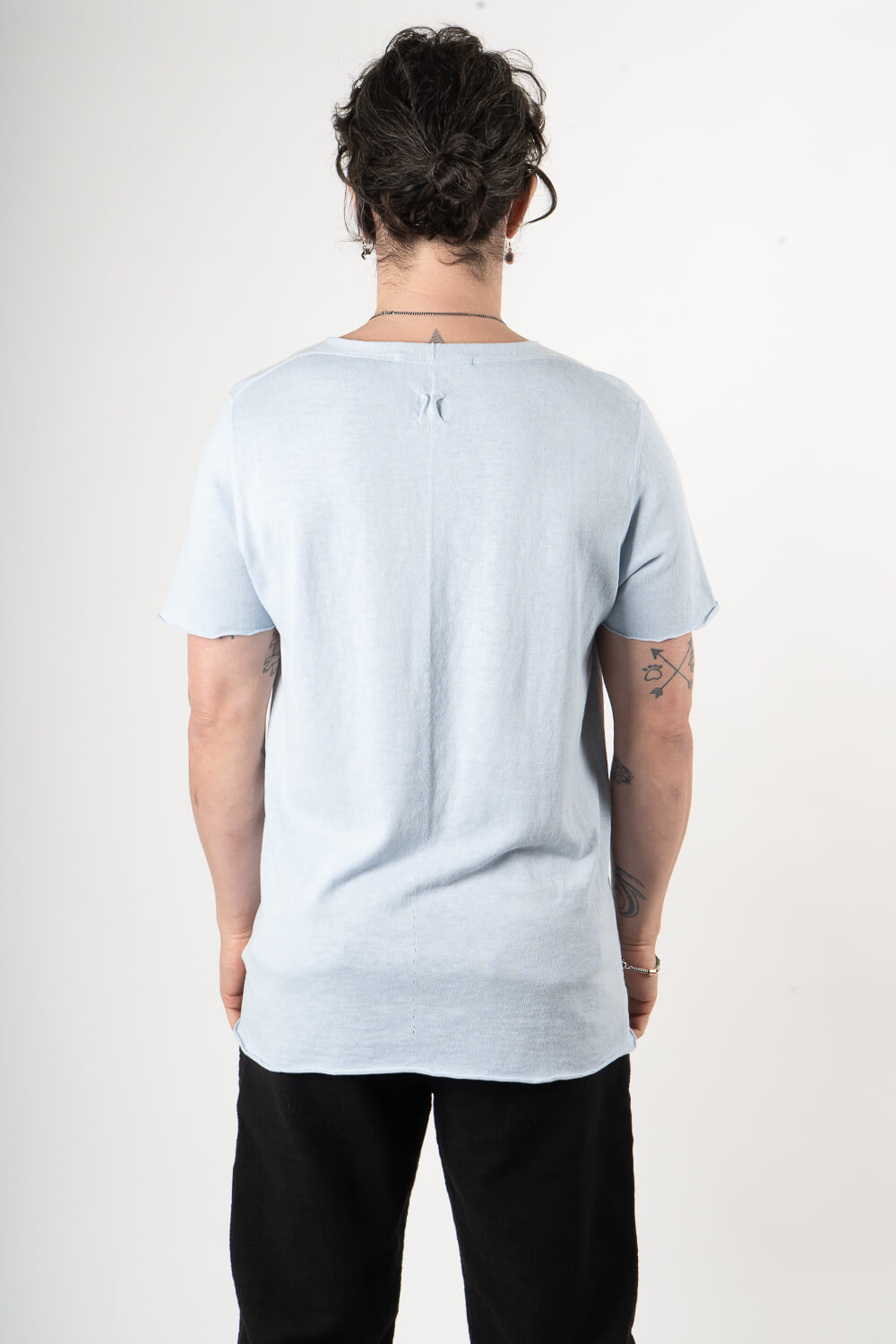 Raw Neck Linen/Cotton T-Shirt Blue