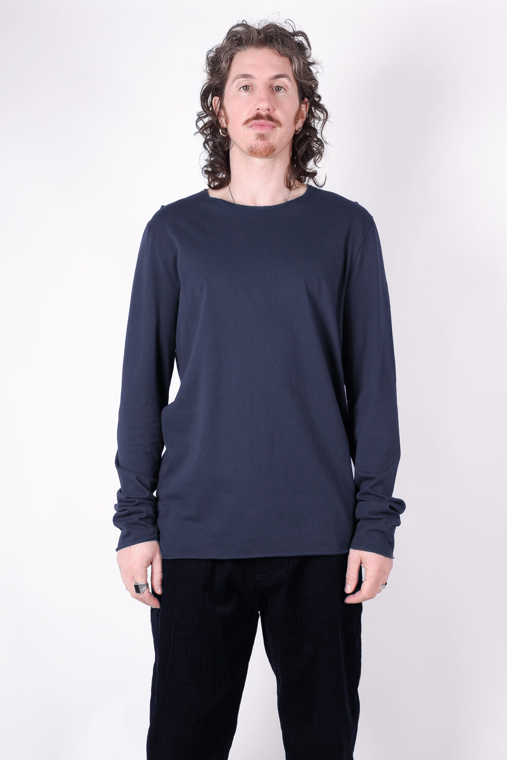 Raw Neck Relaxed Fit L/S T-Shirt Navy