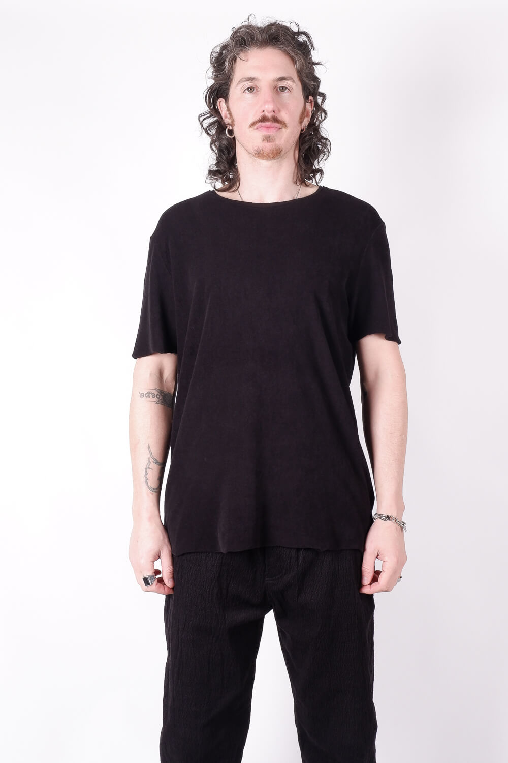 Raw Neck Velour T-Shirt Black