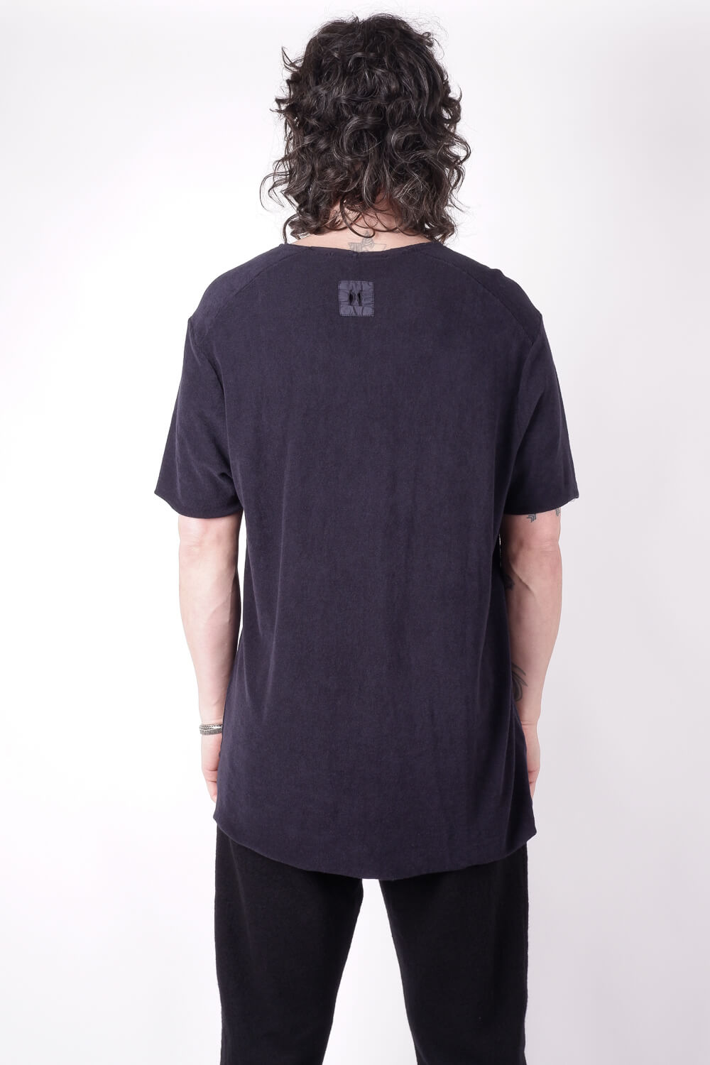 Raw Neck Velour T-Shirt Navy