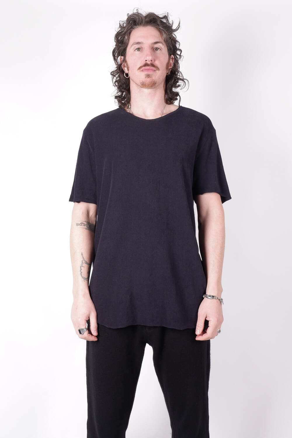 Raw Neck Velour T-Shirt Navy