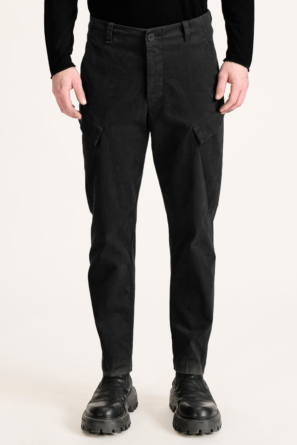 Regular Fit Stretch Cotton Cargo Trousers Black