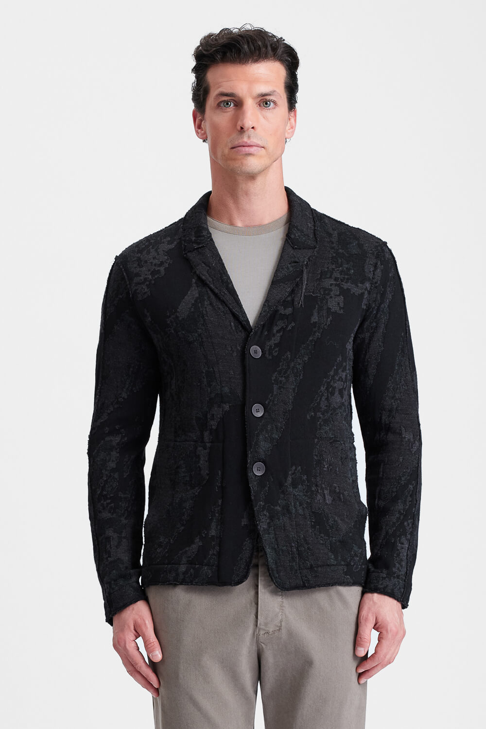 Relaxed-Fit Wool/Viscose Jacquard Button-Up Blazer Black