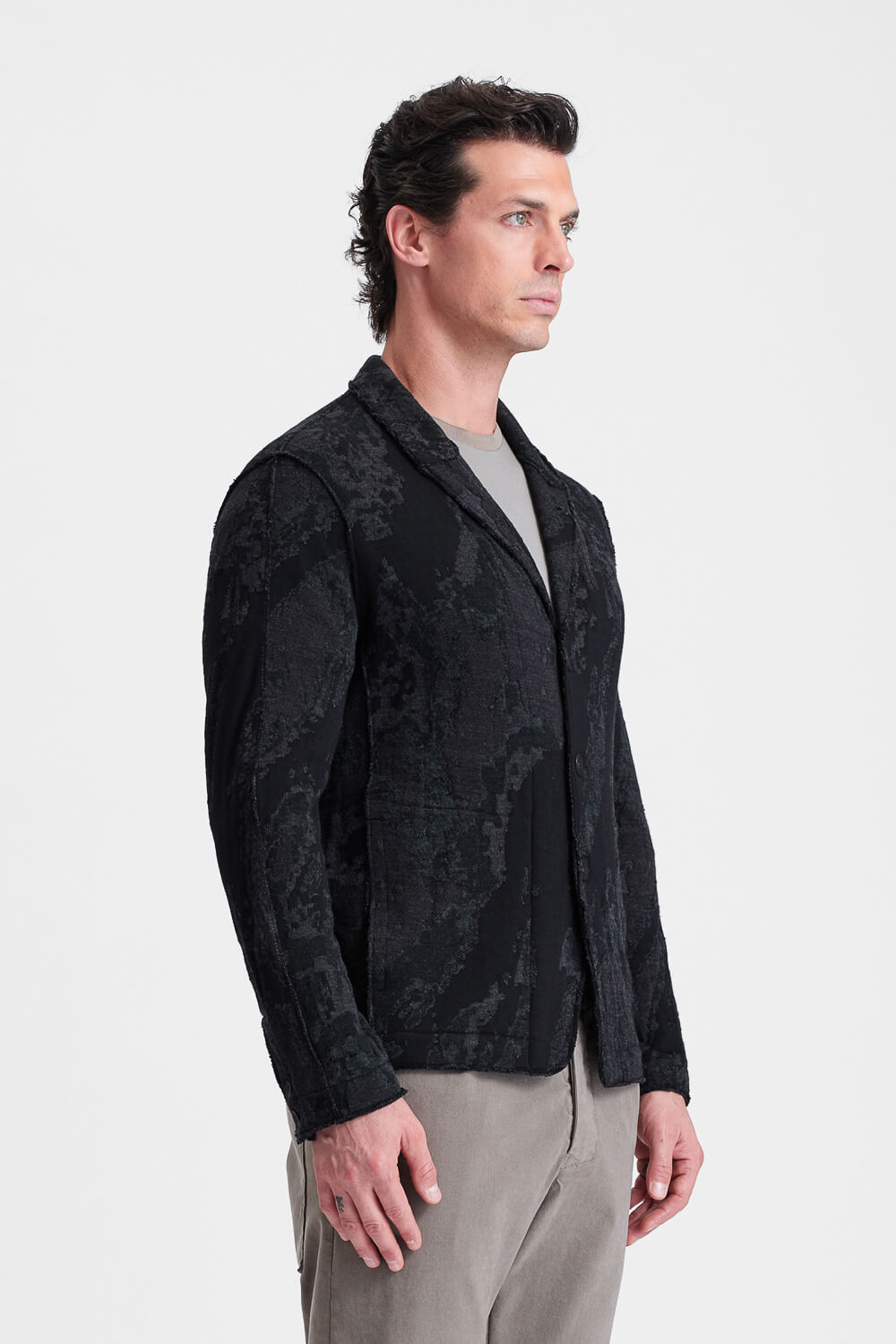 Relaxed-Fit Wool/Viscose Jacquard Button-Up Blazer Black