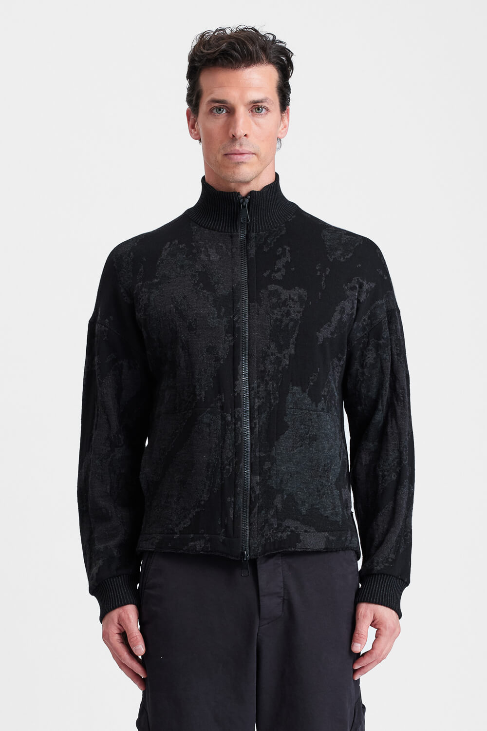 Relaxed-Fit Wool/Viscose Jacquard Zip-Up Jacket Black