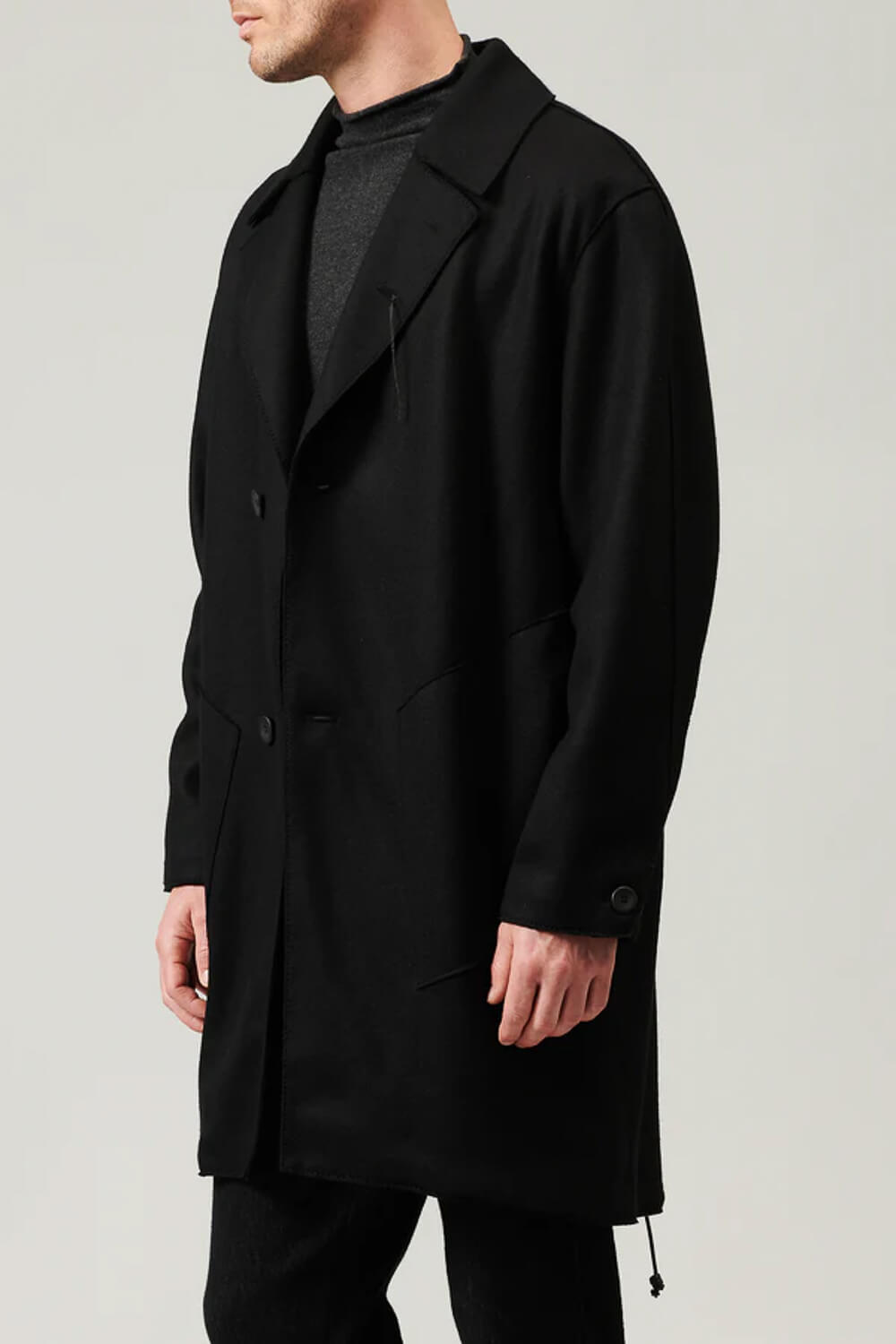 Relaxed Fit Raw Cut Wool W/ Cashmere Touch Coat Black