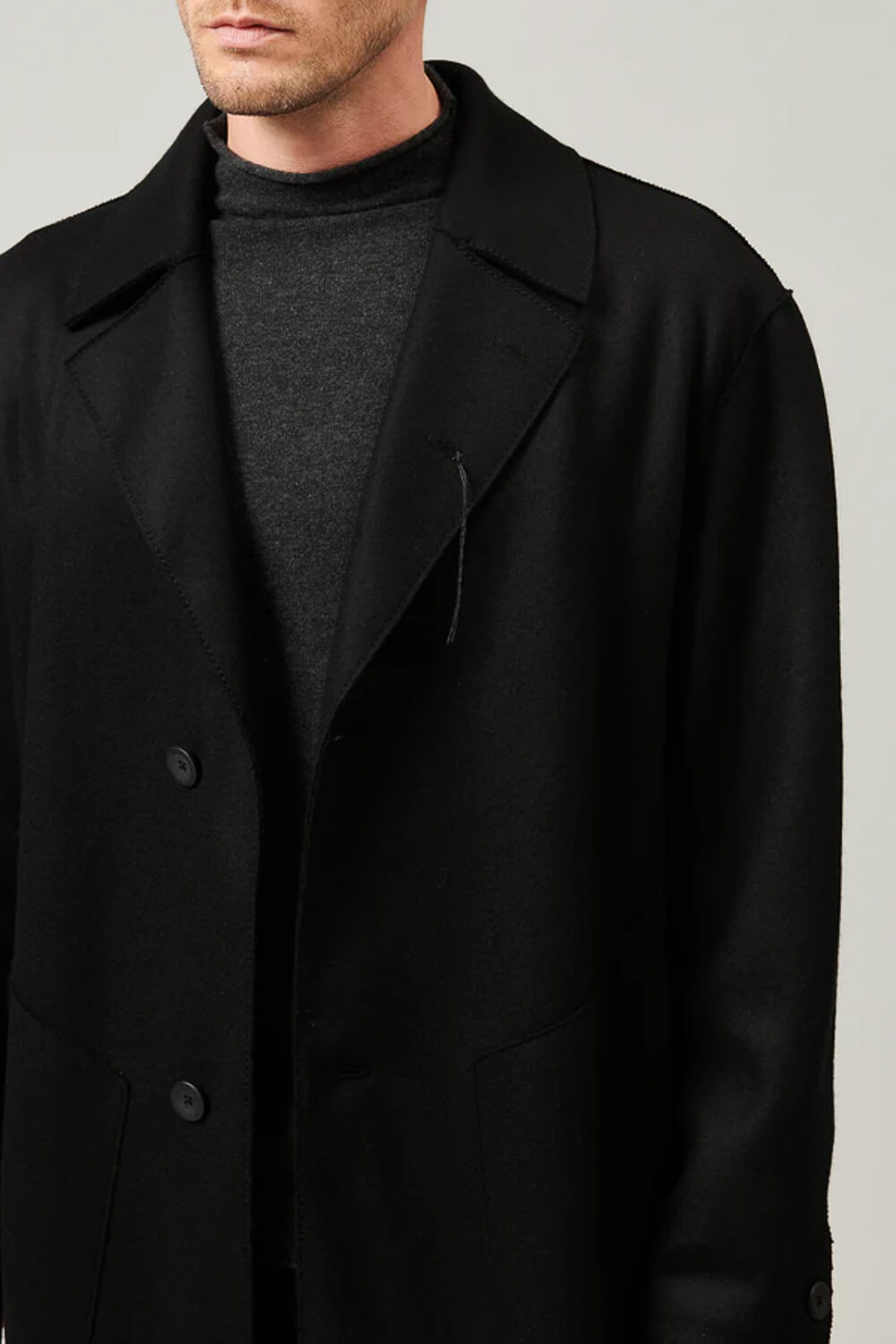 Relaxed Fit Raw Cut Wool W/ Cashmere Touch Coat Black