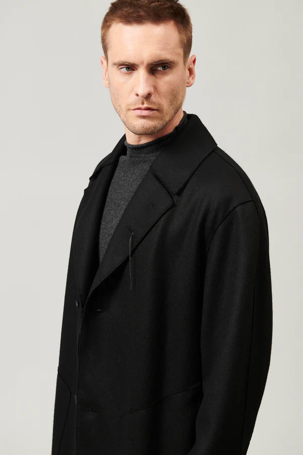 Relaxed Fit Raw Cut Wool W/ Cashmere Touch Coat Black